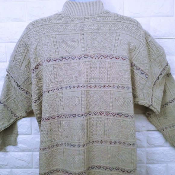 Vintage 80s Basic Editions Oversize Mockneck Tunic Sweater Lady-M Hearts Beige - Picture 9 of 9